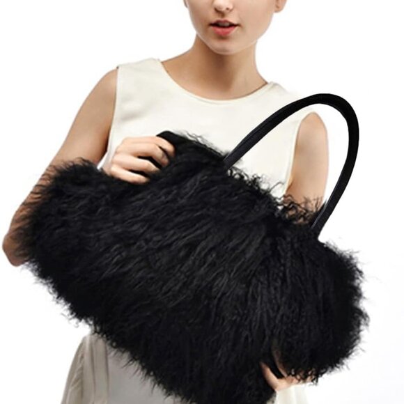 Women Luxury Real Lamb Mongolian Flush Wool Fur With Genuine Leather Handles Han - Picture 2 of 9